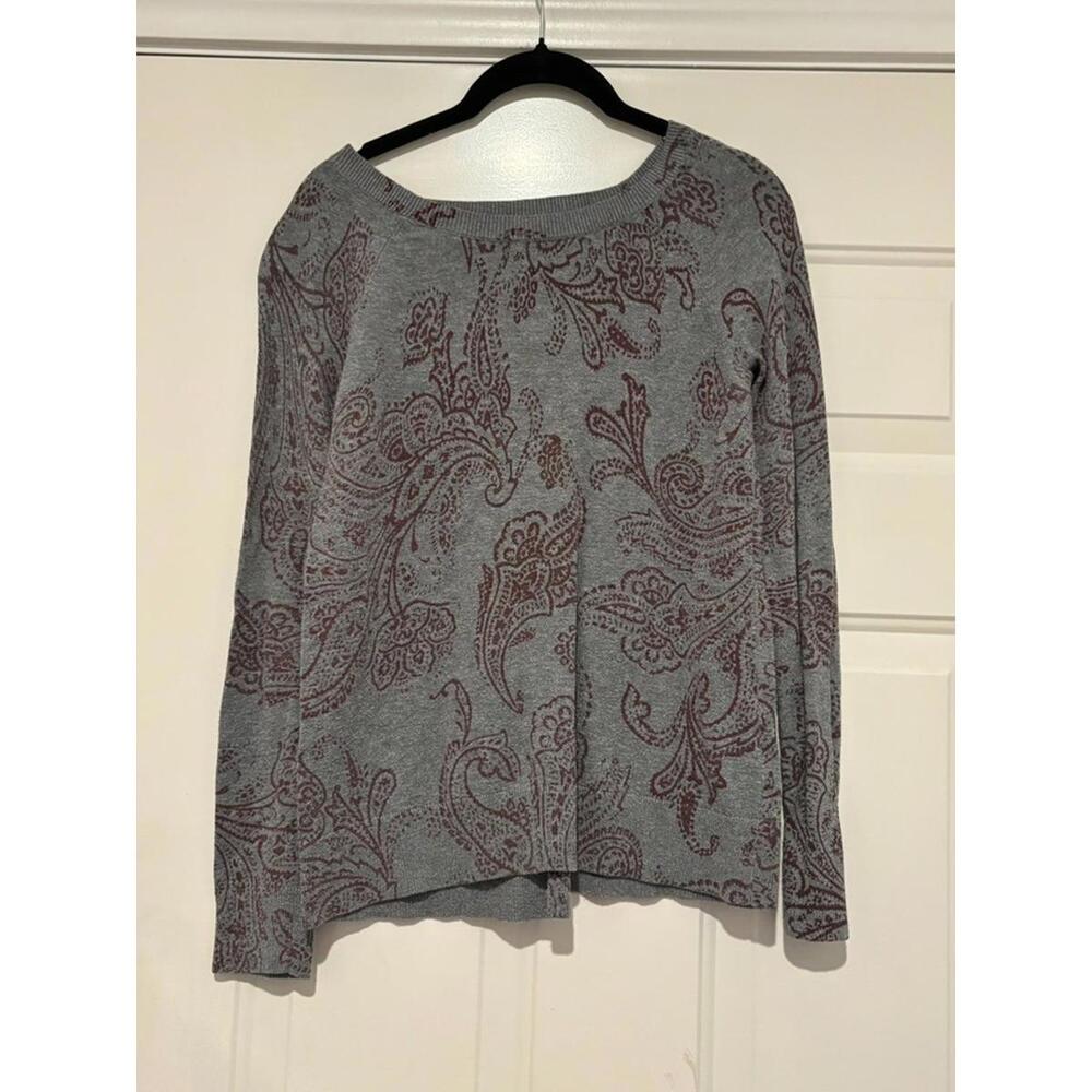 Women's Lucky Brand grey/maroon paisley boho‎ sweater sz XS oversized #1264